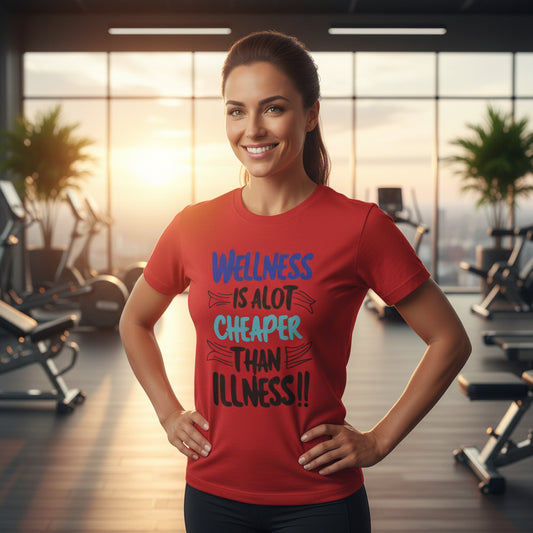 Red t-shirt with a motivational quote that says, Wellness Is Alot Cheaper Than Illness!! in a gym background.