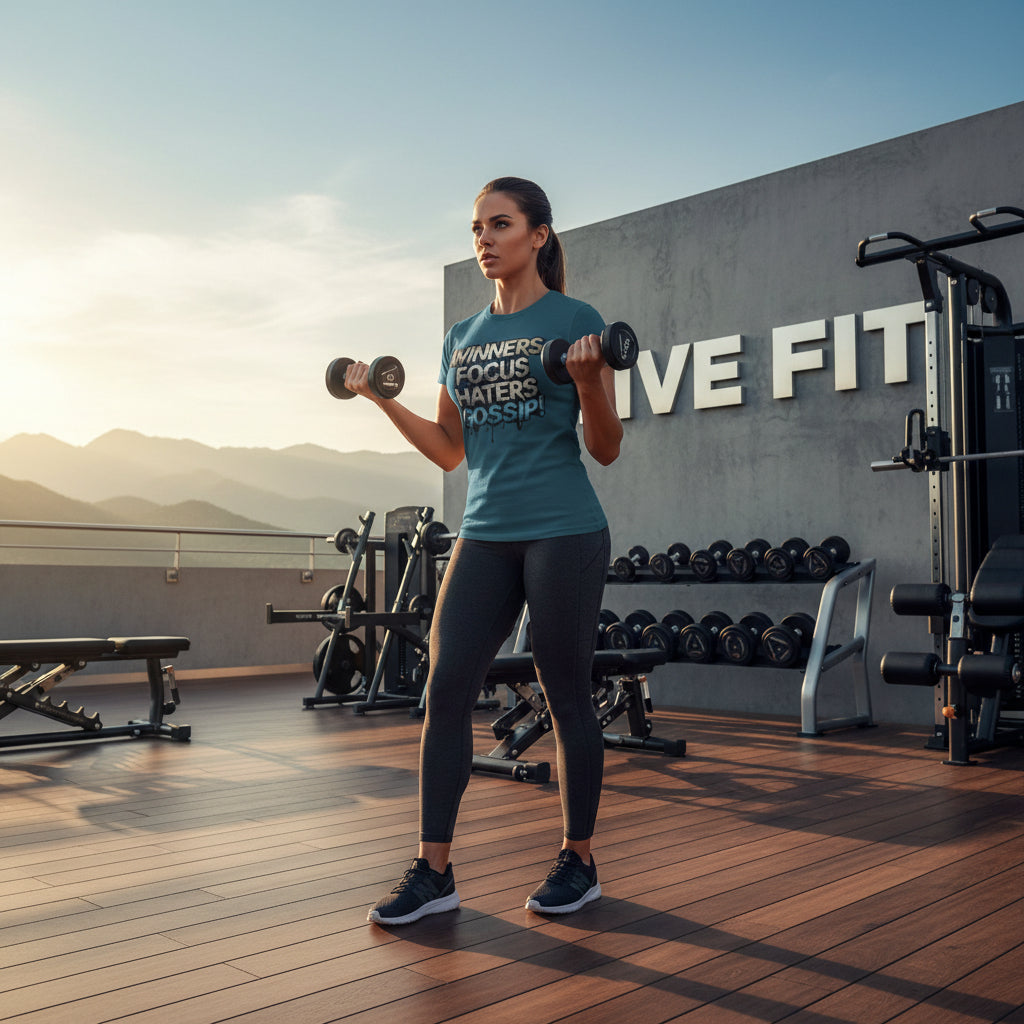 Woman exercising with dumbbells in a gym setting with 'LIVE FIT' branding.