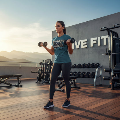 Woman exercising with dumbbells in a gym setting with 'LIVE FIT' branding.