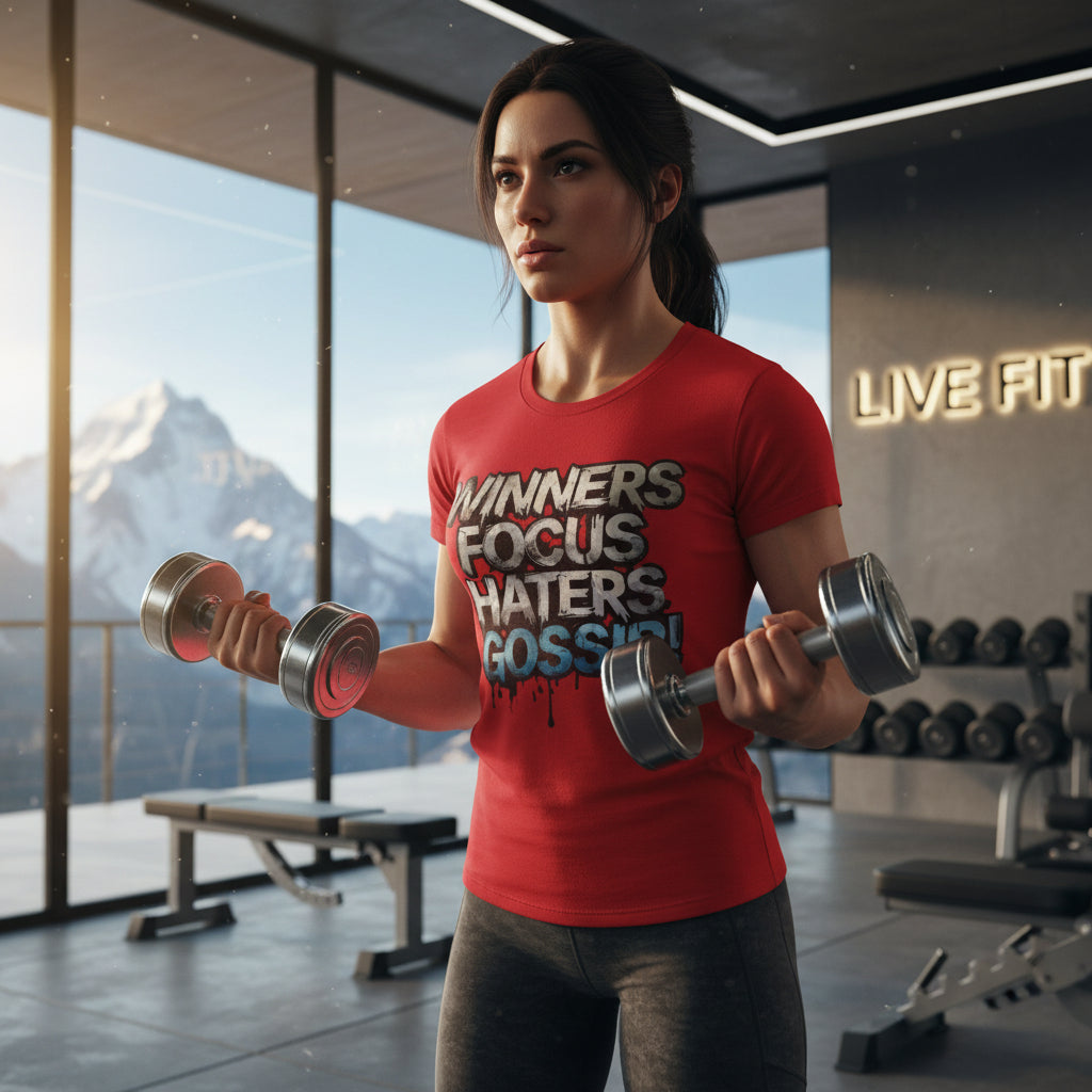 Woman lifting weights in a gym with a motivational quote on her shirt, featuring a mountain view.