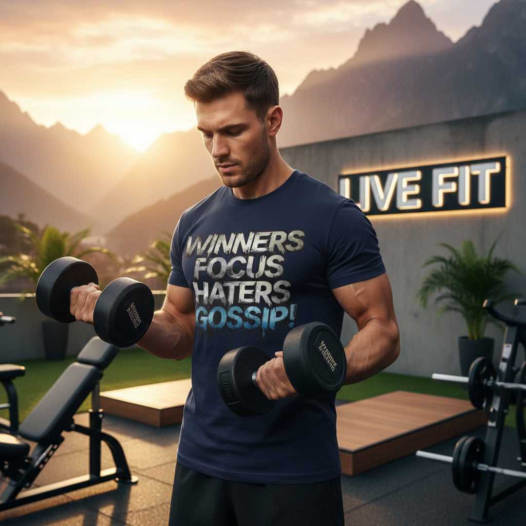 Navy blue t-shirt with motivational text on a white background