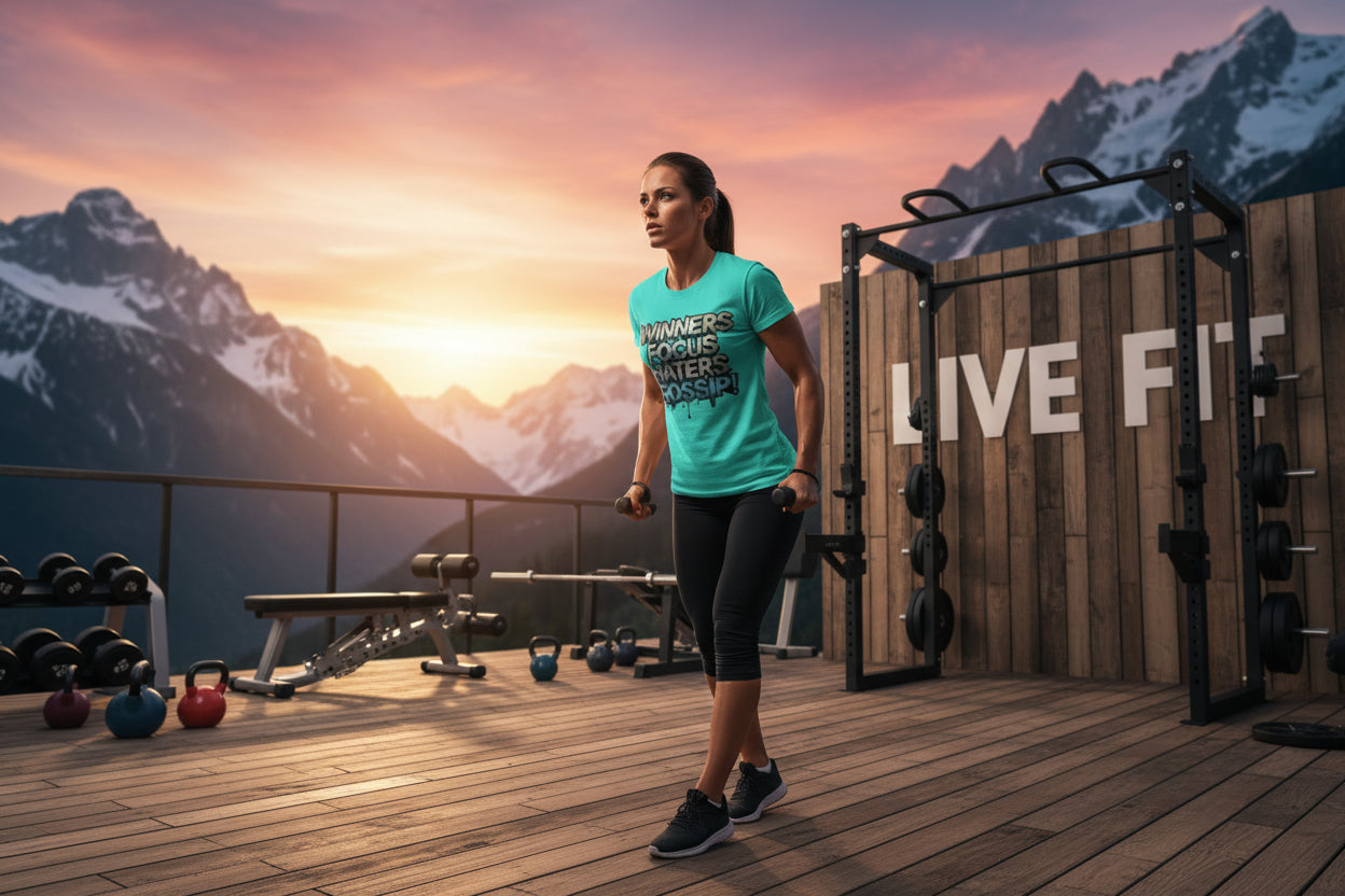 Woman exercising outdoors with mountains and sunset in the background.