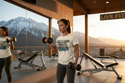 Beige t-shirt with motivational text 'Winners Focus, Haters Gossip.'