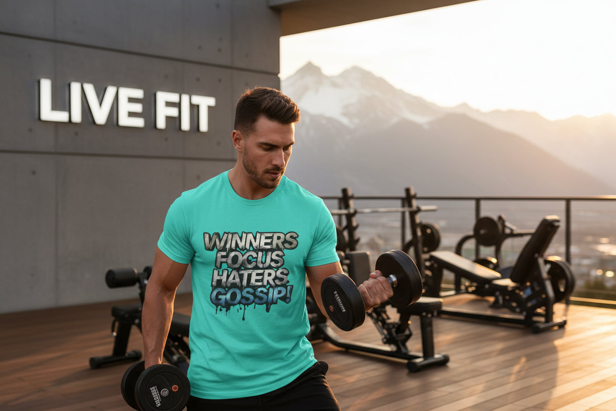 A man wearing a turquoise t-shirt that says Winners Focus Haters Gossip! exercising with dumbbells in a gym with 'Live Fit' branding and mountain view.