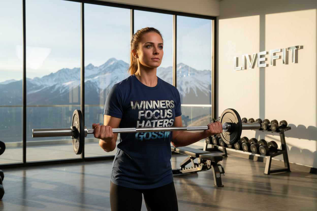 A woman lifting weights in a gym with a scenic view and 'LIVE FIT' branding.