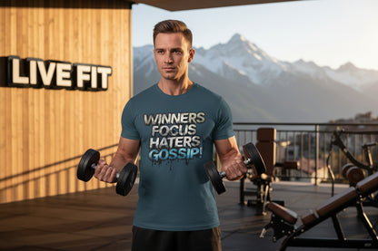 Blue t-shirt with motivational text 'WINNERS FOCUS HATERS GOSSIP!
