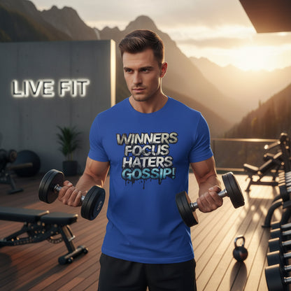 A man holding dumbbells in a gym with 'Live Fit' branding and a motivational quote on a t-shirt that says Winners Focus Haters Gossip!
