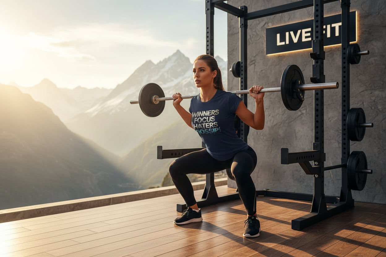 Woman lifting weights with mountains in the background