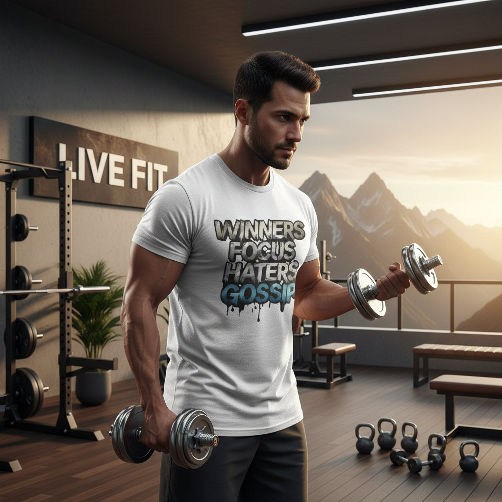 A man wearing a white t-shirt with 'Winners Focus, Haters Gossip' text. 