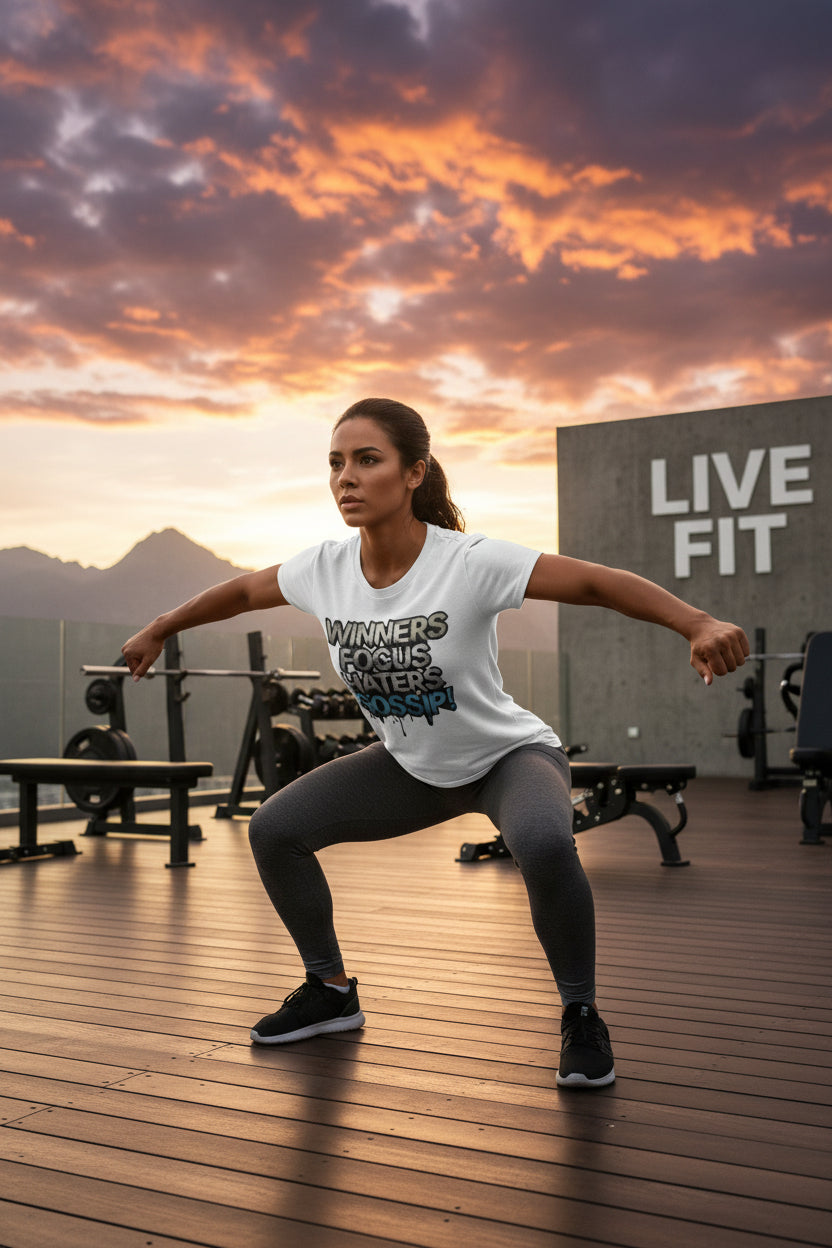Woman exercising outdoors wearing a t-shirt with Winners Focus Haters Gossip! with a sunset sky and 'LIVE FIT' sign in the background.