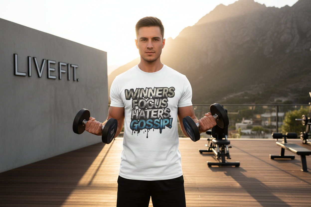 A man exercising outdoors wearing a t-shirt with Winners Focus Haters Gossip! with a "LIVE FIT" sign in the background.