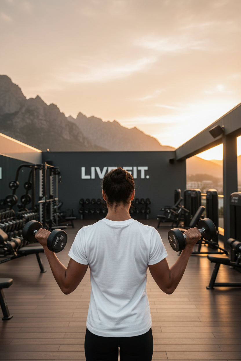 Woman exercising outdoors wearing a t-shirt with Winners Focus Haters Gossip! with a sunset sky and 'LIVE FIT' sign in the background.