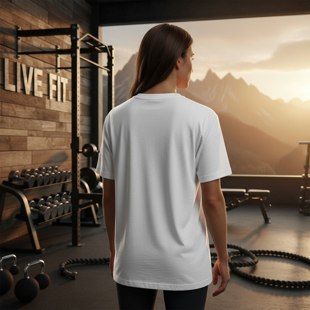 Person wearing a white t-shirt in a gym with a scenic view.