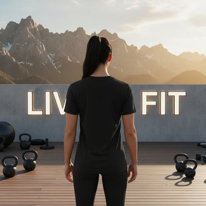 Woman wearing a black t-shirt with a LIVE FIT background.