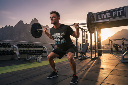 Man lifting weights with mountains in the background at a Live Fit outdoor gym.