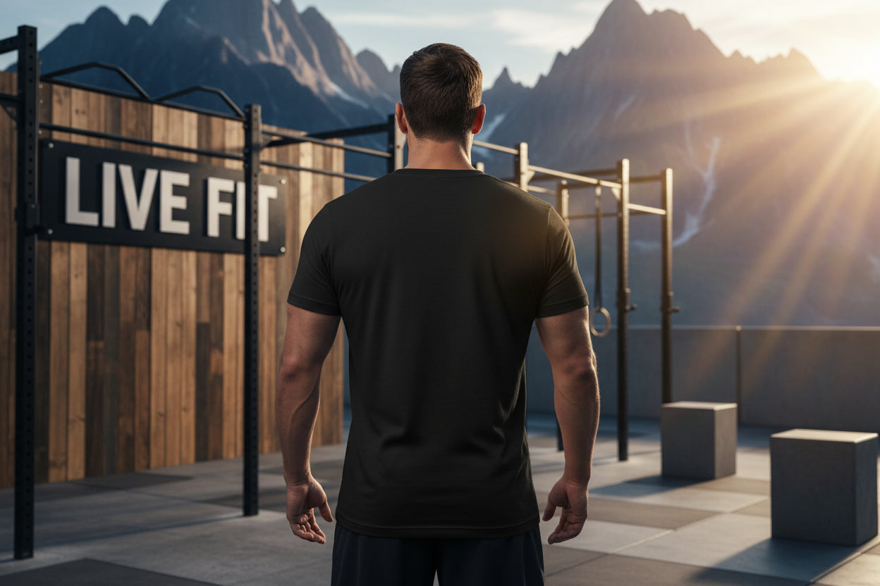 A man wearing a black t-shirt standing in front of a 'Live Fit' sign with mountains in the background.