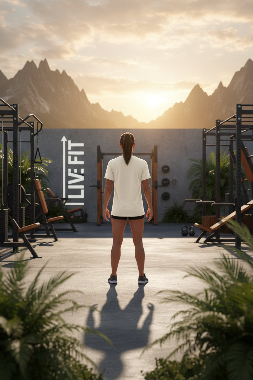 Person standing in a fitness area with mountains and a sunset in the background, featuring the LIVE FIT logo.