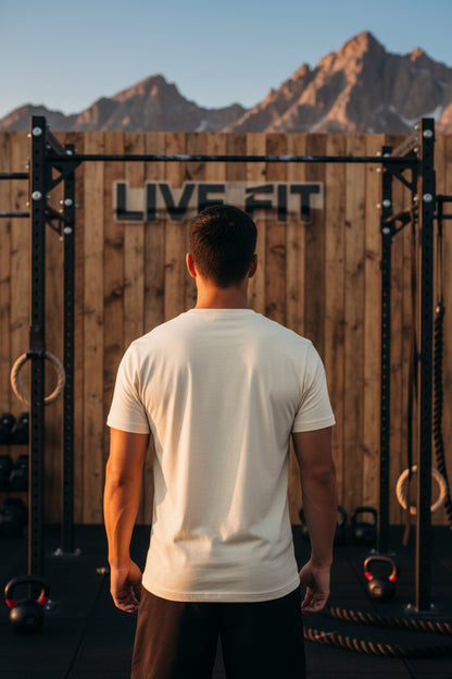 Man standing in front of a wooden wall with 'LIVE FIT' branding, mountains in the background.