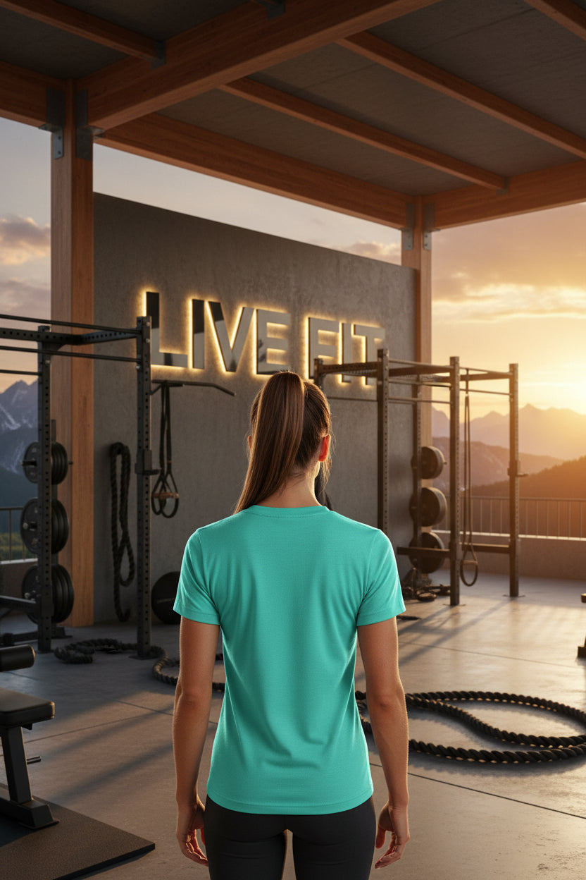 A woman in a turquoise shirt standing in a gym with 'LIVE FIT' branding and a mountain view.