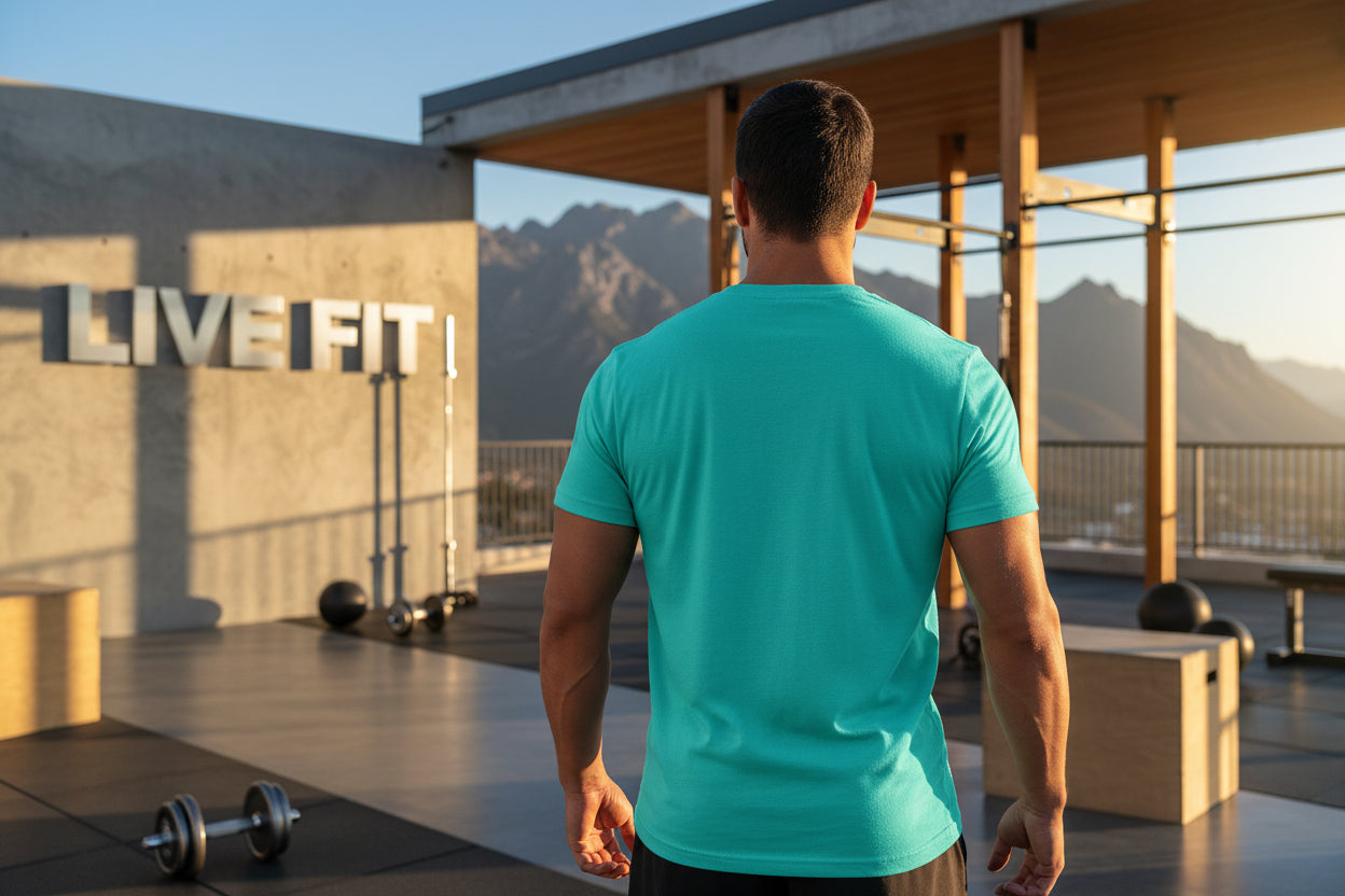 A man in a turquoise shirt standing on a rooftop with 'LIVE FIT' branding and mountains in the background.