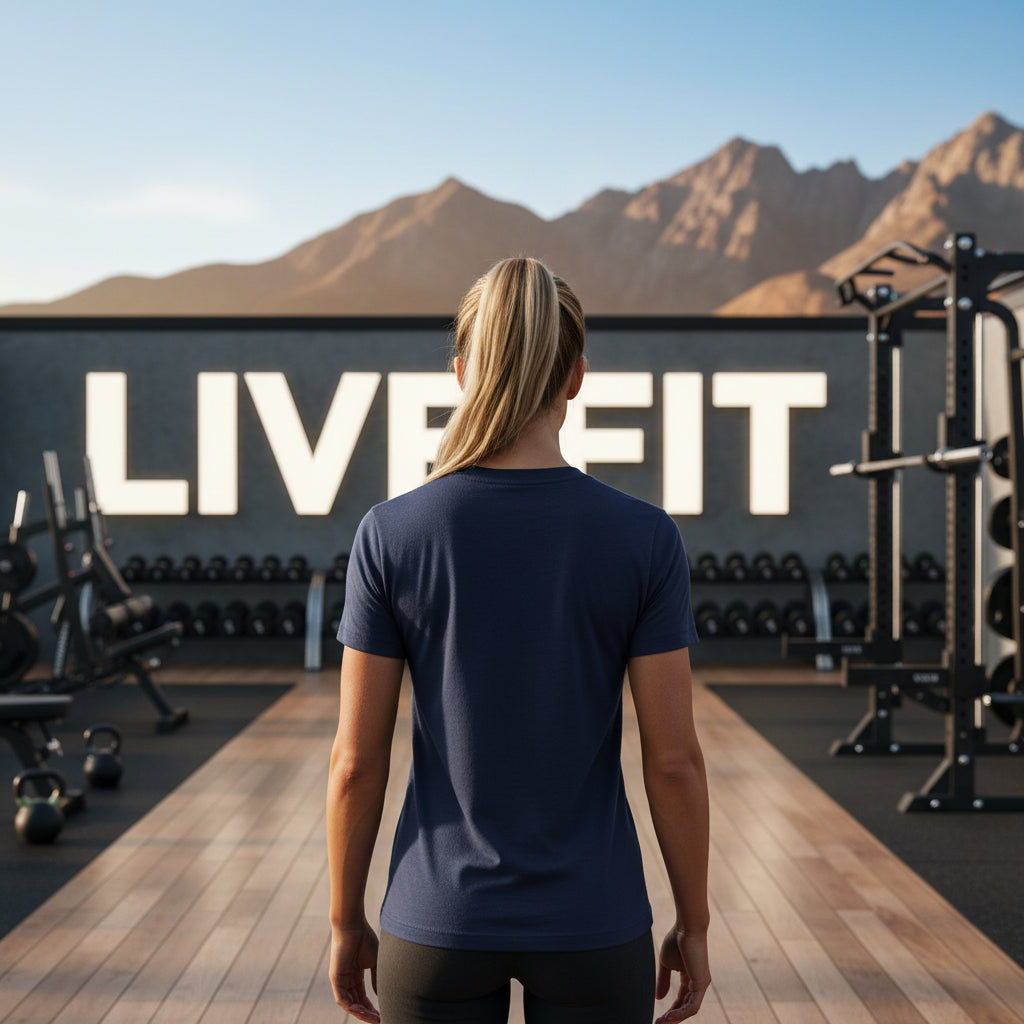 Person standing in a gym with mountains in the background, wearing a blue shirt.