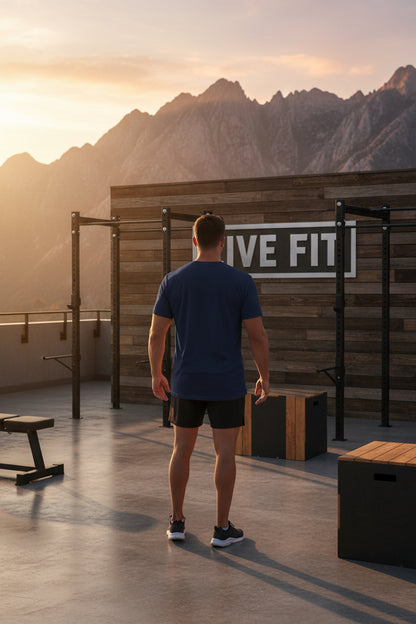 Man standing in a fitness area with mountains in the background.