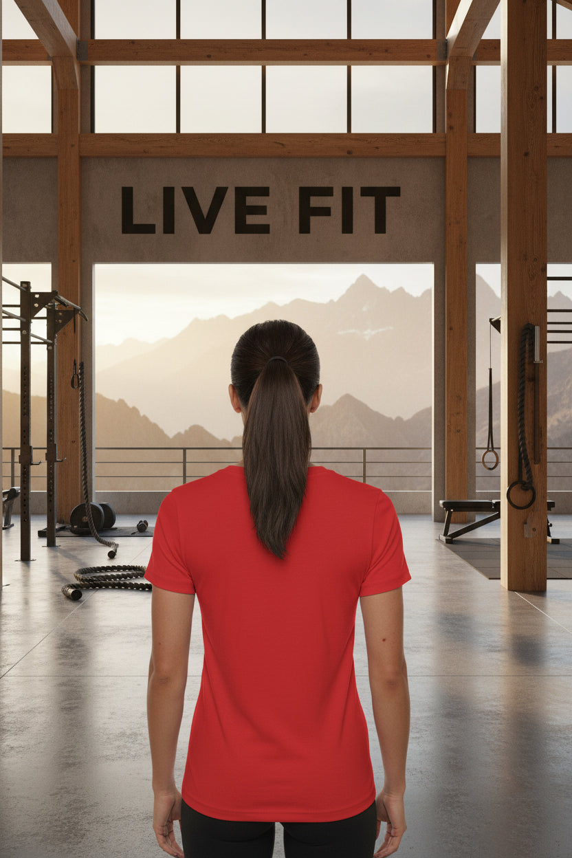 A woman wearing a red shirt in a gym with 'LIVE FIT' branding.