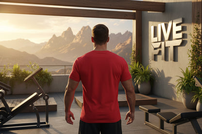 A man in a red shirt standing on a rooftop with a LIVE FIT sign and mountains in the background, near fitness equipment.