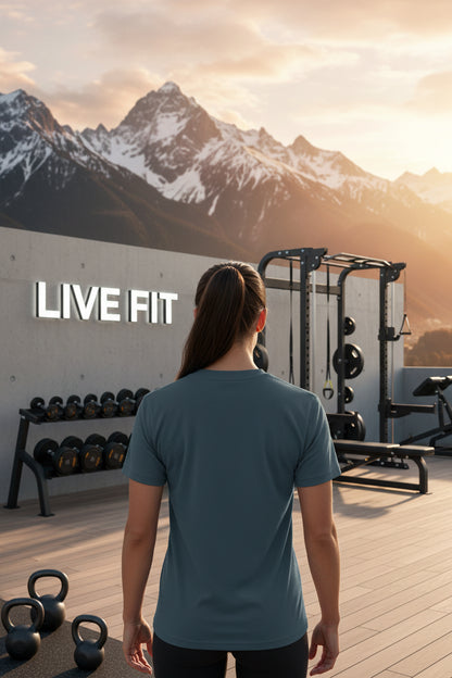 Person standing in a gym with mountains in the background, featuring 'LIVE FIT' branding.