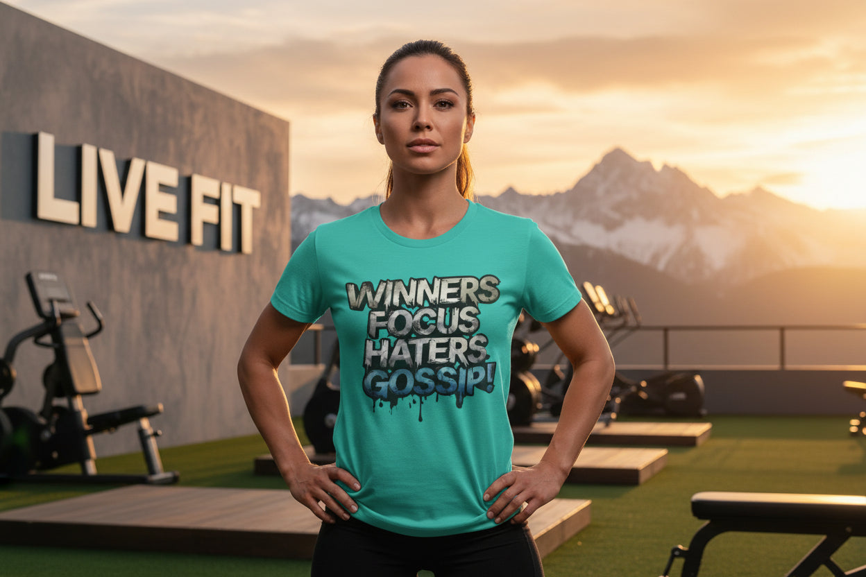 Woman wearing a teal t-shirt with motivational text in a gym setting with mountains in the background