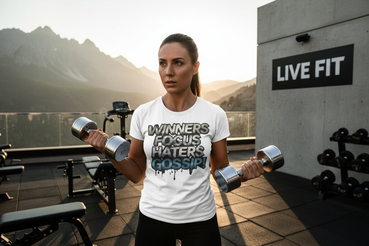 A woman wearing a t-shirt that says Winners Focus Haters Gossip! lifting weights outdoors with a "Live Fit" sign and mountains in the background.