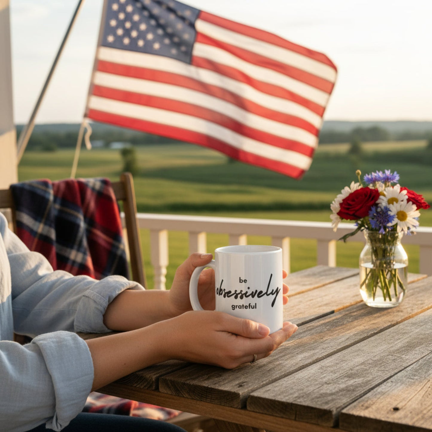 Person holding a mug with a scenic view of a field and American flag in the background