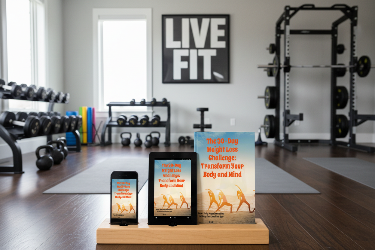 Promotional image featuring an eBook titled '30-Day Weight Loss Challenge: Transform Your Body and Mind' displayed across various devices with a home gym background.