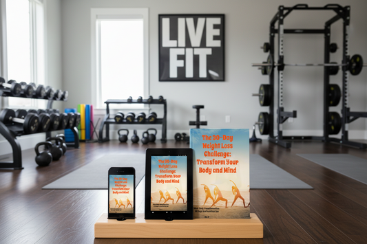Promotional image featuring an eBook titled '30-Day Weight Loss Challenge: Transform Your Body and Mind' displayed across various devices with a home gym background.