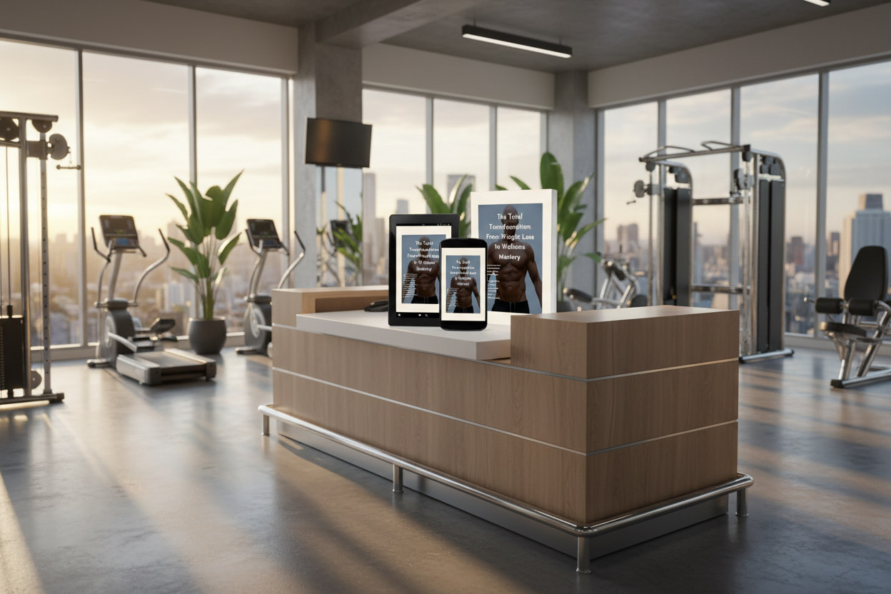 Promotional image featuring an eBook titled 'The Total Transformation: From Weight Loss to Wellness Mastery' displayed across various devices with a gym background.