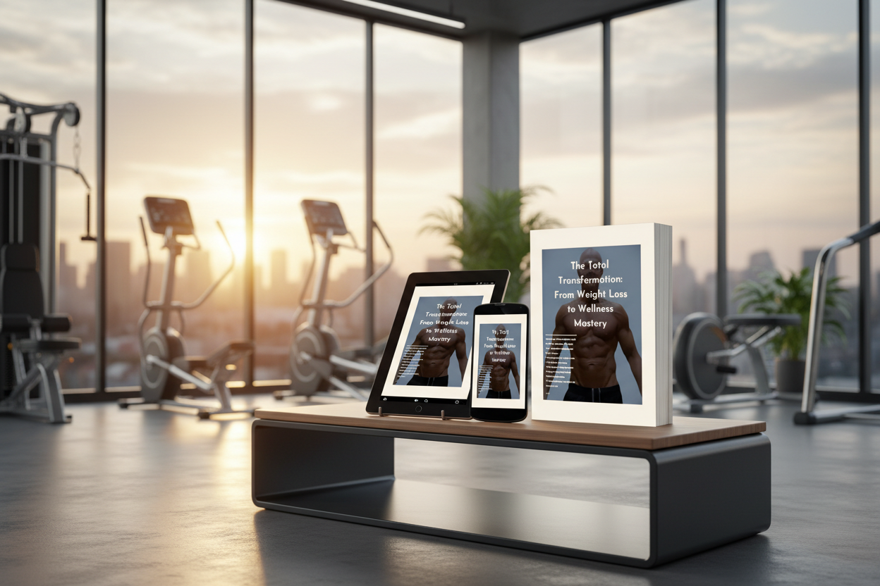 Promotional image featuring an eBook titled 'The Total Transformation: From Weight Loss to Wellness Mastery' displayed across various devices with a gym background.