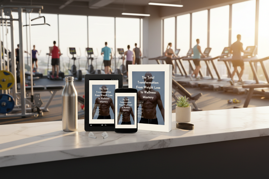 Promotional image featuring an eBook titled 'The Total Transformation: From Weight Loss to Wellness Mastery' displayed across various devices with a gym background.