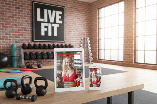 Promotional image featuring an eBook titled '30-Day Home Fitness Challenge: For All Fitness Levels' displayed across various devices with a home gym background.