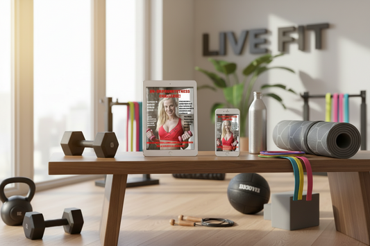 Promotional image featuring an eBook titled '30-Day Home Fitness Challenge: For All Fitness Levels' displayed across various devices with a home gym background.