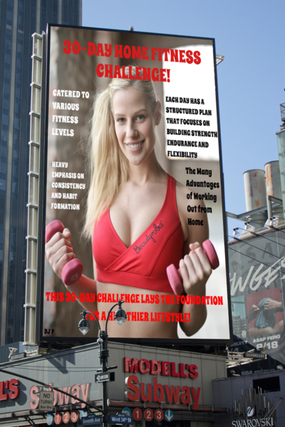 An advertisement for a 30-Day Home Fitness Challenge featuring a woman in workout attire, with text detailing the program's structure and benefits.