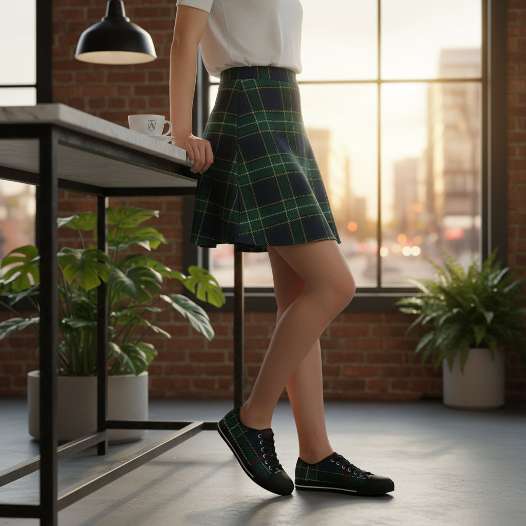 Person wearing a green plaid skirt and black and green plaid shoes in an office setting with plants and a large window.
